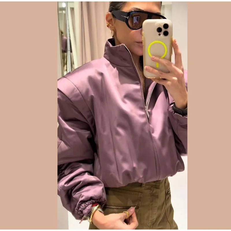 Lässige Damen-Bomberjacke mit Reißverschluss und Stehkragen, Modische Langarm-Jacke für Frauen, Frühjahr 2026 Damen-Oberbekleidung im High-Street-Stil – Detail 1