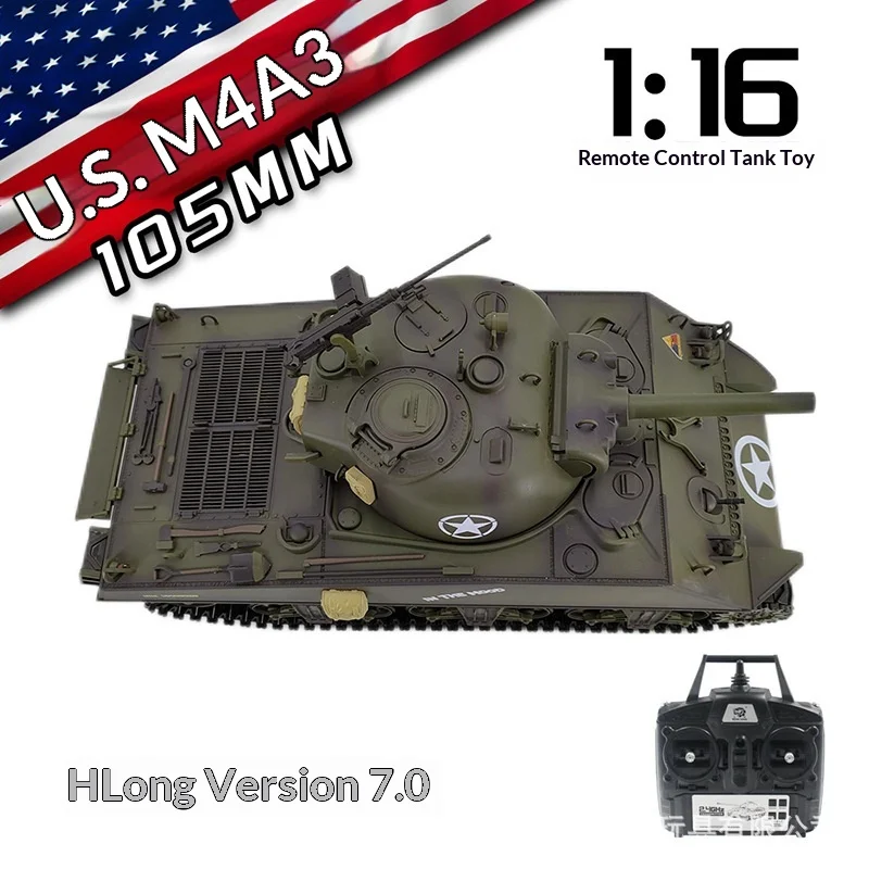 헝롱 무선 조종 전투 탱크 1:16 스케일 미국 M4A3 105MM 버전 7.0 군용 장갑 수집용 모델 RC 취미가이를 위한 제품