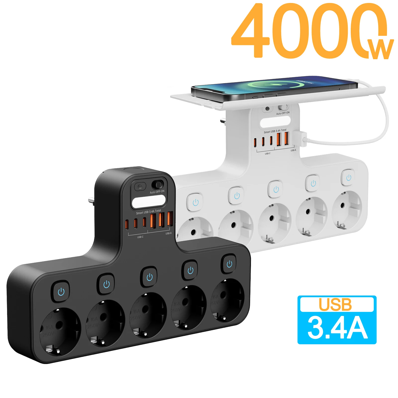 EU AC Plug 4000W อิสระสวิทช์ติดผนัง Power Strip Outlet ที่ถอดออกได้ชั้นวางถาด Night Light พอร์ต USB C 1