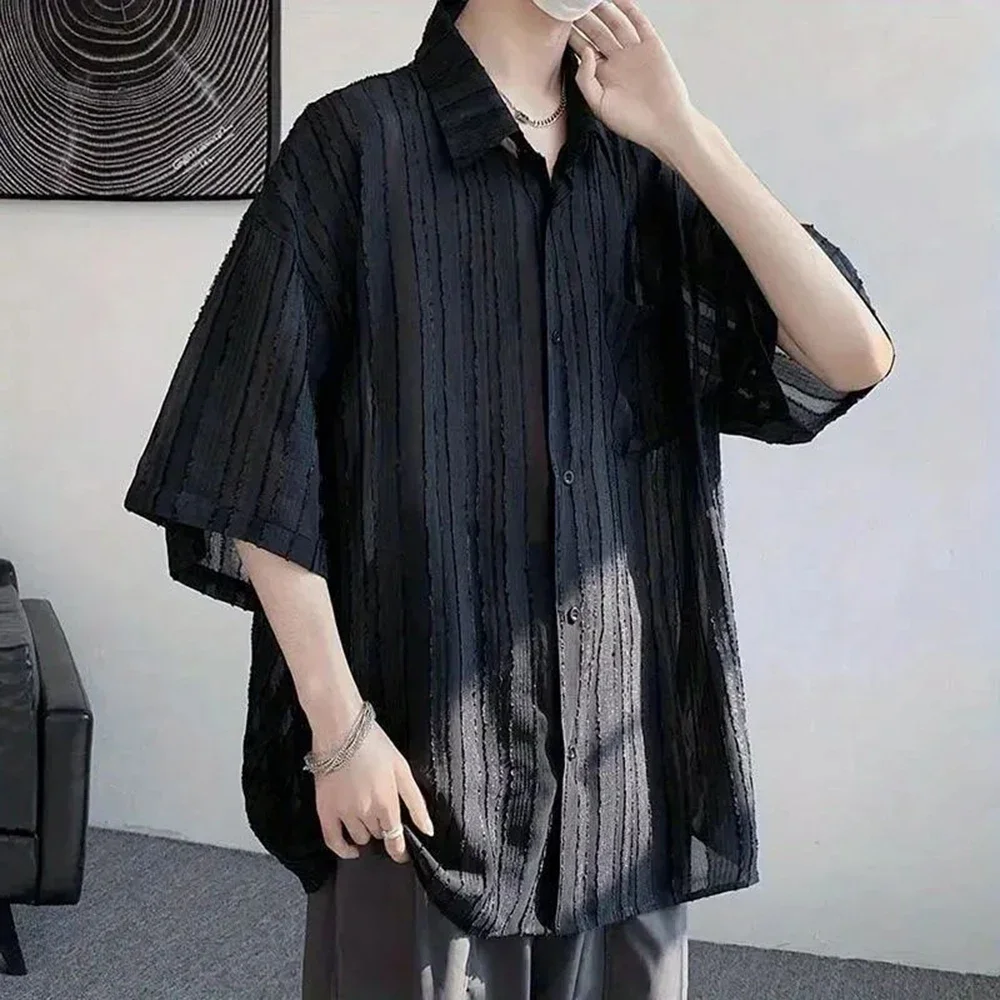 Men Casual Pleated See-Through Short-Sleeved Shirts Genderless 2024 New Thin Niche Personality Versatile Solid Color Tops Unisex
