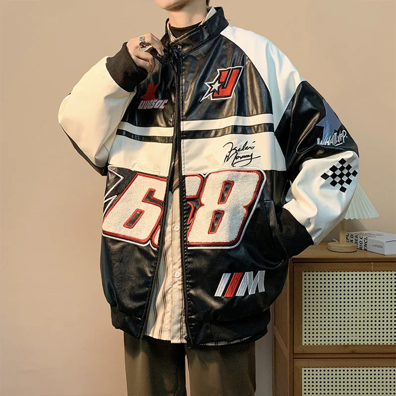 

Y2K Men Korean Vintage Baseball Jackets Streetwear PU Harajuku Oversize Racer Varsity Suits Motorcycle Biker Sweatshirt Clothes