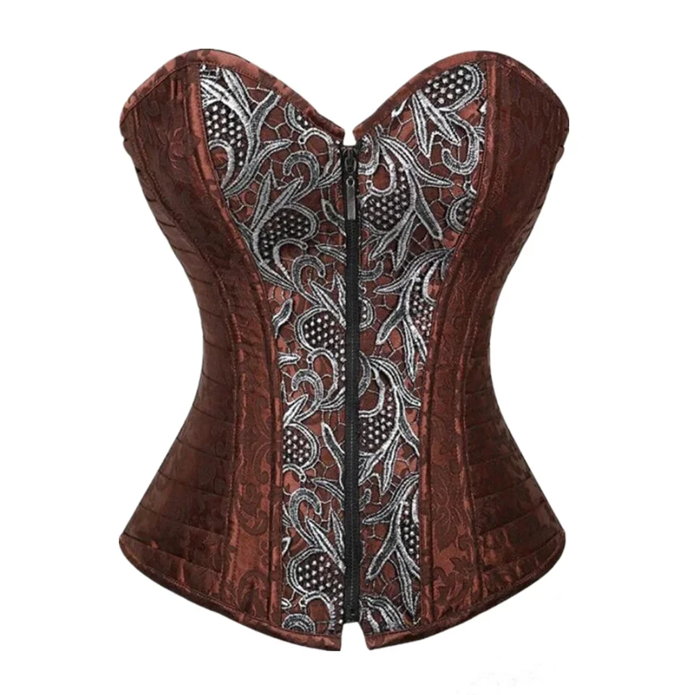 

Victorian Fashion Corset Top and Vintage Jacquard Overbust Corsets Brown Zip Bustier Gothic Bustiers Lingerie Women Plus Size