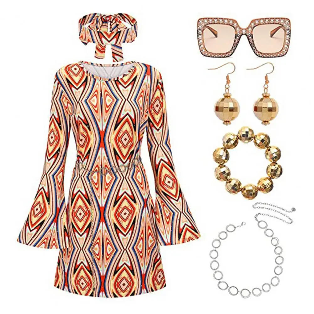 

Women V-neck Dress Retro Sequin Bell Sleeves Dress Set for Women Halloween Cosplay Hippie Disco Dance Party Costume