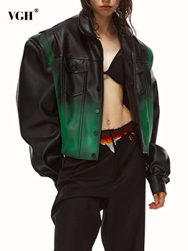 

VGH Colorblock Casual Loose Leather Jackets For Women Lapel Long Sleeve Spliced Single Breasted Streetwear Jacket Female Style