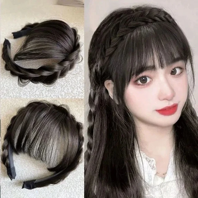 Peluca con flequillo de aire para mujer, aro de Pelo trenzado, todo en uno, Frente Natural, parte superior, reemplazo de cabello falso, diadema de parche - Imagen 5