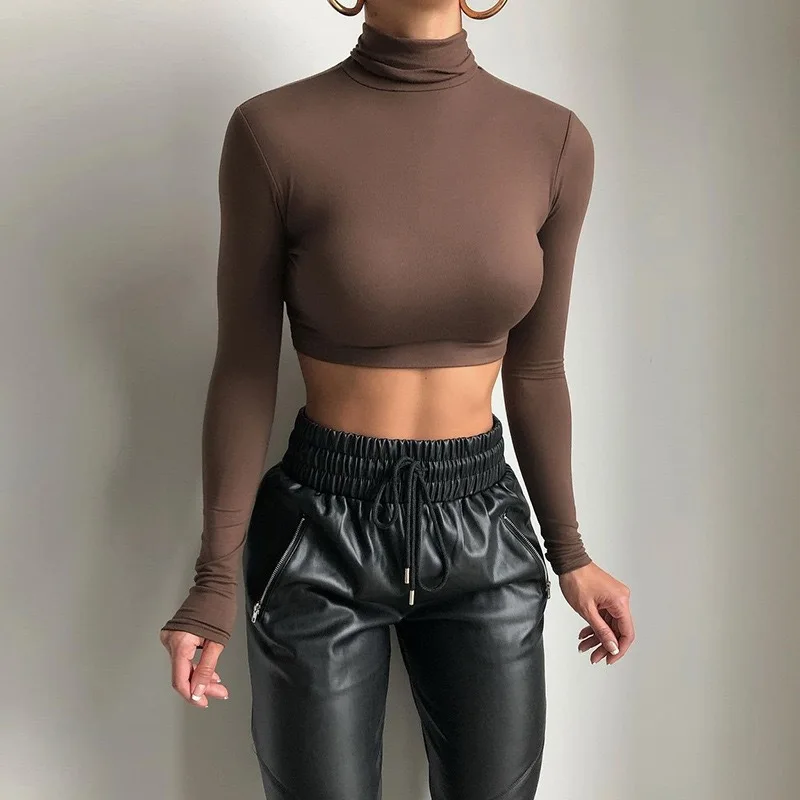 

New T-shirt, long sleeved, high necked, short style with exposed navel, sexy and slim fitting base coat