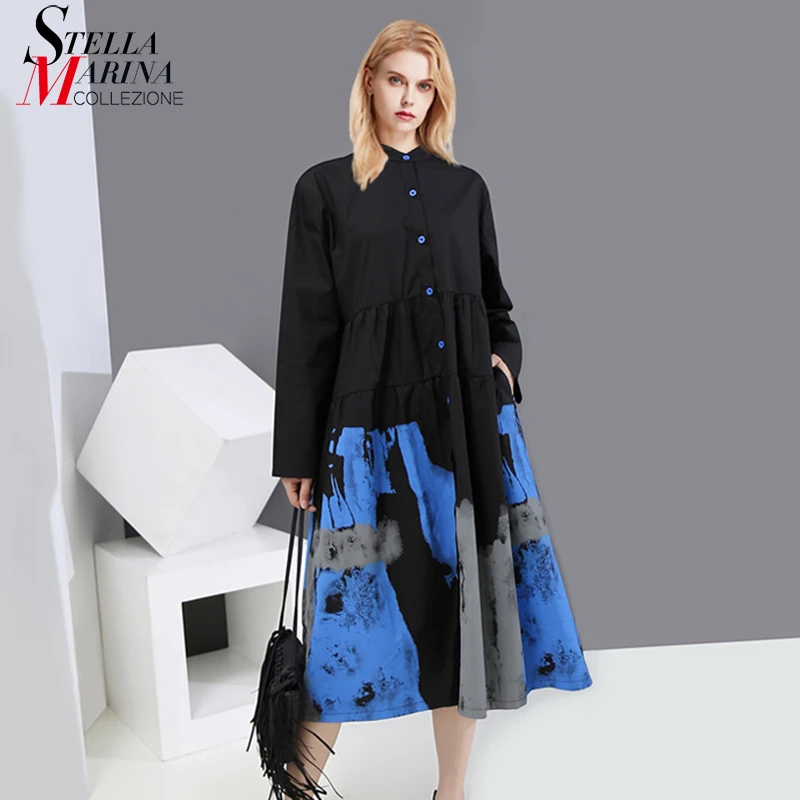 Новинка модное женское осеннее винтажное платье-рубашка с длинными рукавами и