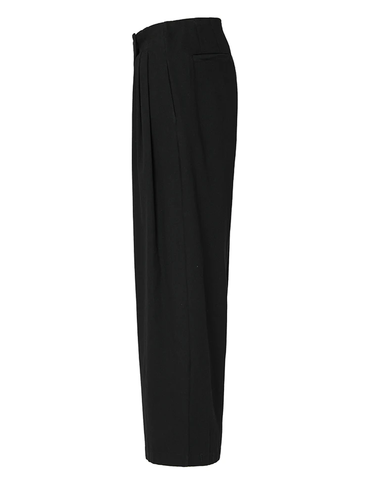 [EAM] High Waist Black Pleated Irregular Long Wide Leg Trousers New Loose Fit Pants Women Fashion Spring Autumn 2024 1DB40001