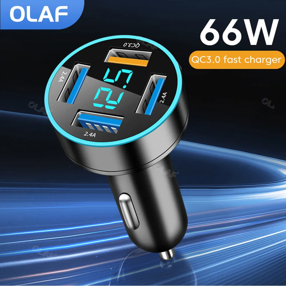 PD20W Car Charger Type C for iPhone Samsung Xiaomi LED 4 Ports 66W Quick Charge QC3.0 USB Car Charger Lighter for Huawei