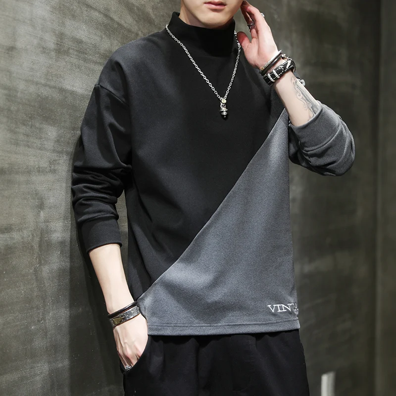 Casual Half High Collar Sweatshirts Men's Clothing Stylish Contrasting Colors Spliced Spring Autumn Letter Embroidery Pullovers