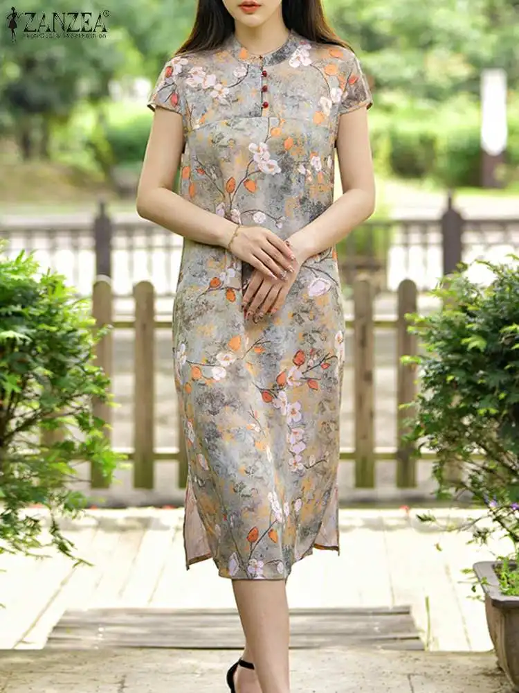 

ZANZEA Women 2023 Summer Vestidos Cap Sleeve Flora Print Midi Dress Holiday Vintage Cheongsam Dress Chinese Style Elegant Robes