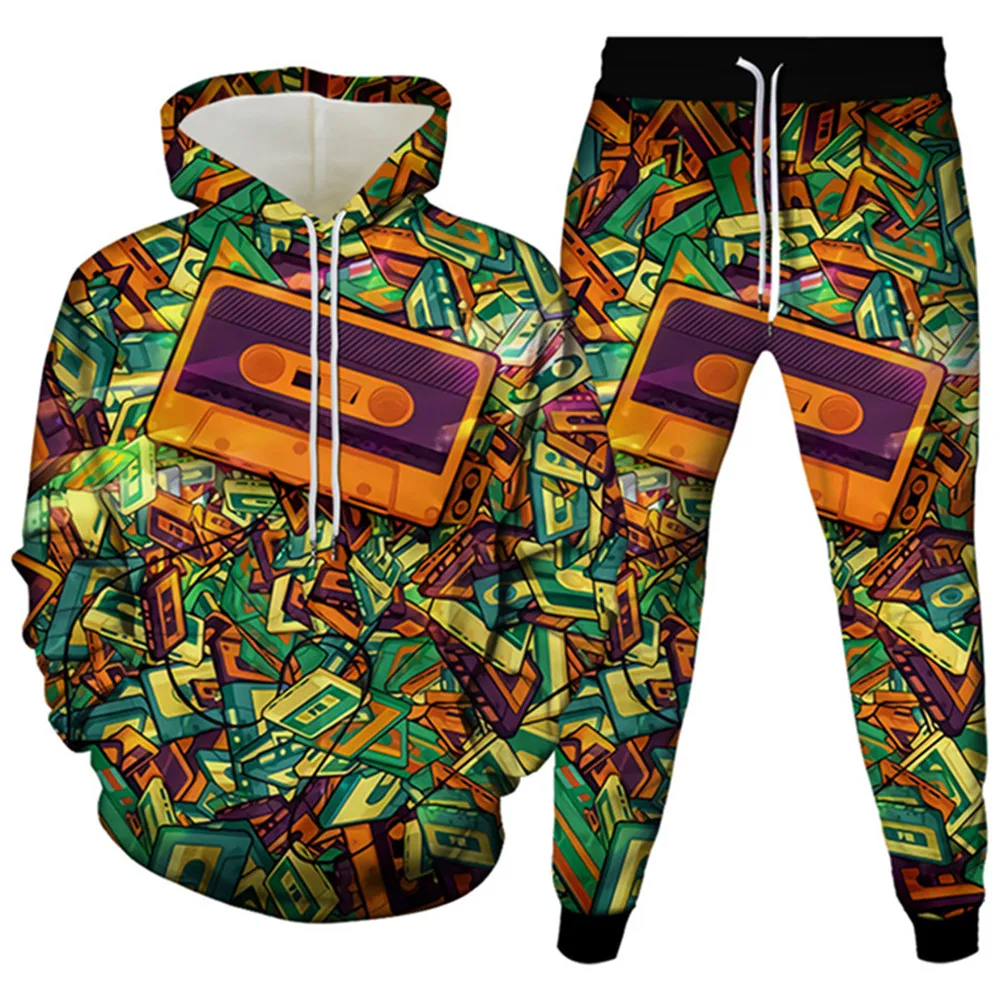 Костюм спортивный мужской/женский, музыкальная лента, смешной принт в стиле хип-хоп, повседневная одежда, толстовки для подростков + брюки, комплект спортивной одежды из 2 предметов, весна-осень