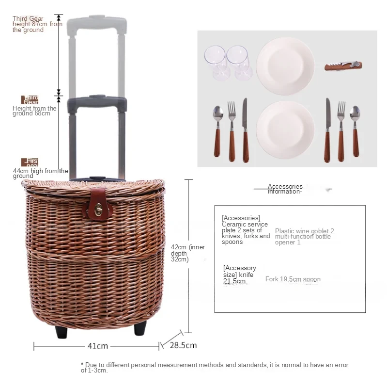 Rattan Weaving Picnic Basket Trolley cart Multifunctional Wheeled Storage Basket with Lid Hand Basket Outdoor Picnic Props 6