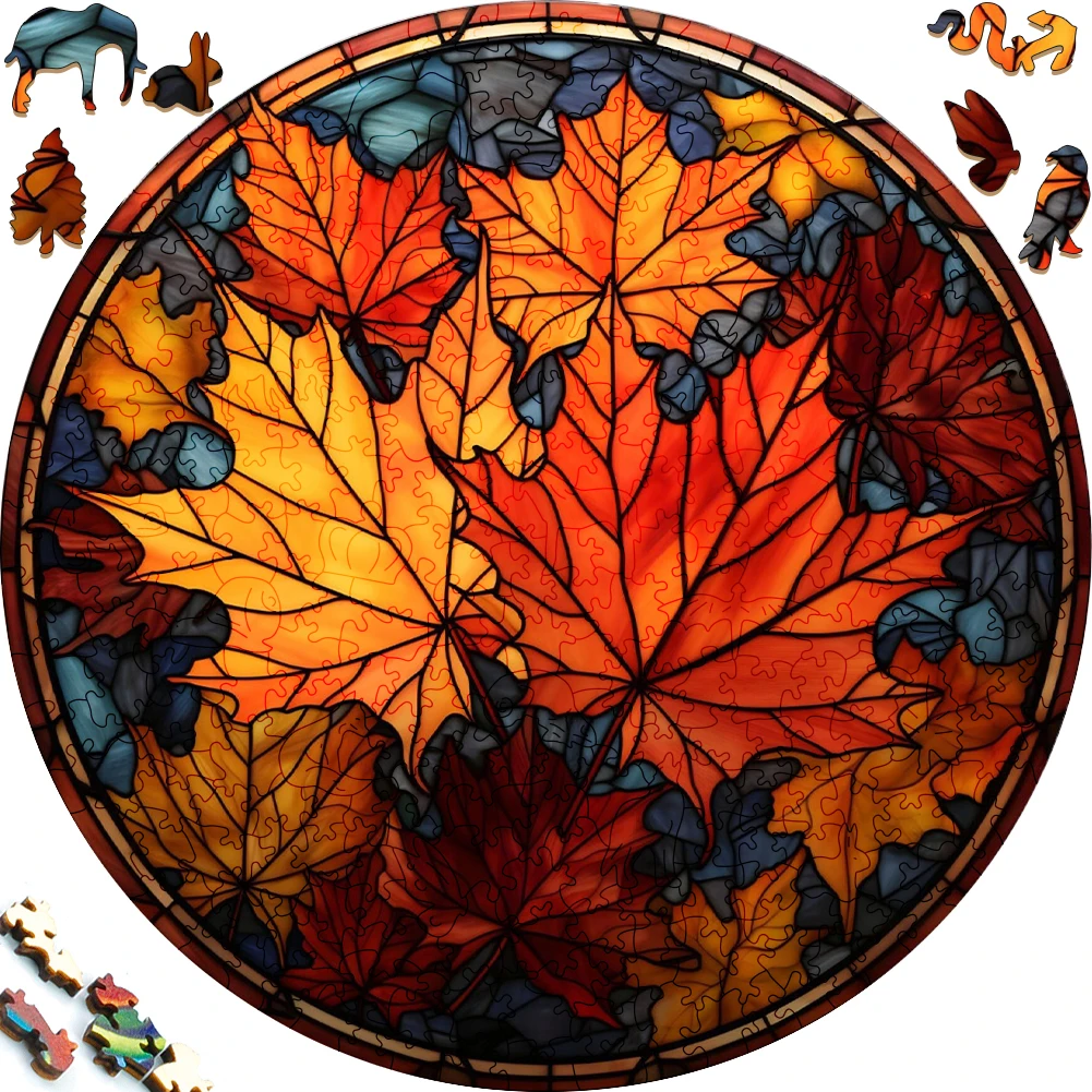 Painted Red Maple Leaves Wooden Puzzle For Adults Wooden Crafts Colorful And Round Shaped Puzzles Wood Craft Social Game For Kid