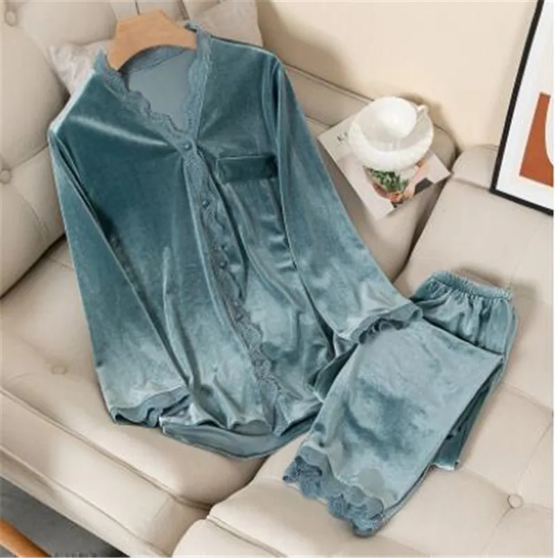 New Women Velvet Pajamas Autumn Winter Sleepwear Long Sleeve Casual Nightwear Pyjamas Suit Loose Home Clothes Lace Trim Sleep