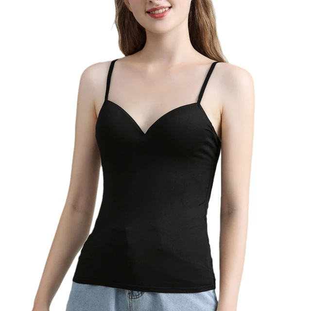 Women Spaghetti Strap Tank Top with Built in Padded Bra Vest V-Neck Camisole  Top - AliExpress
