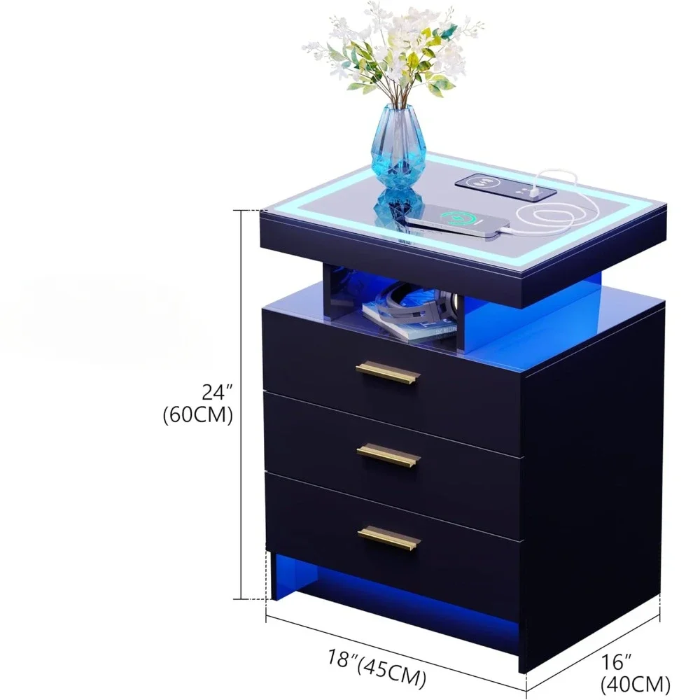 Nightstands Wireless Charging Station Auto Sensor 3 Color Dimmable LED Night Stand Bedside Table 3 Drawers