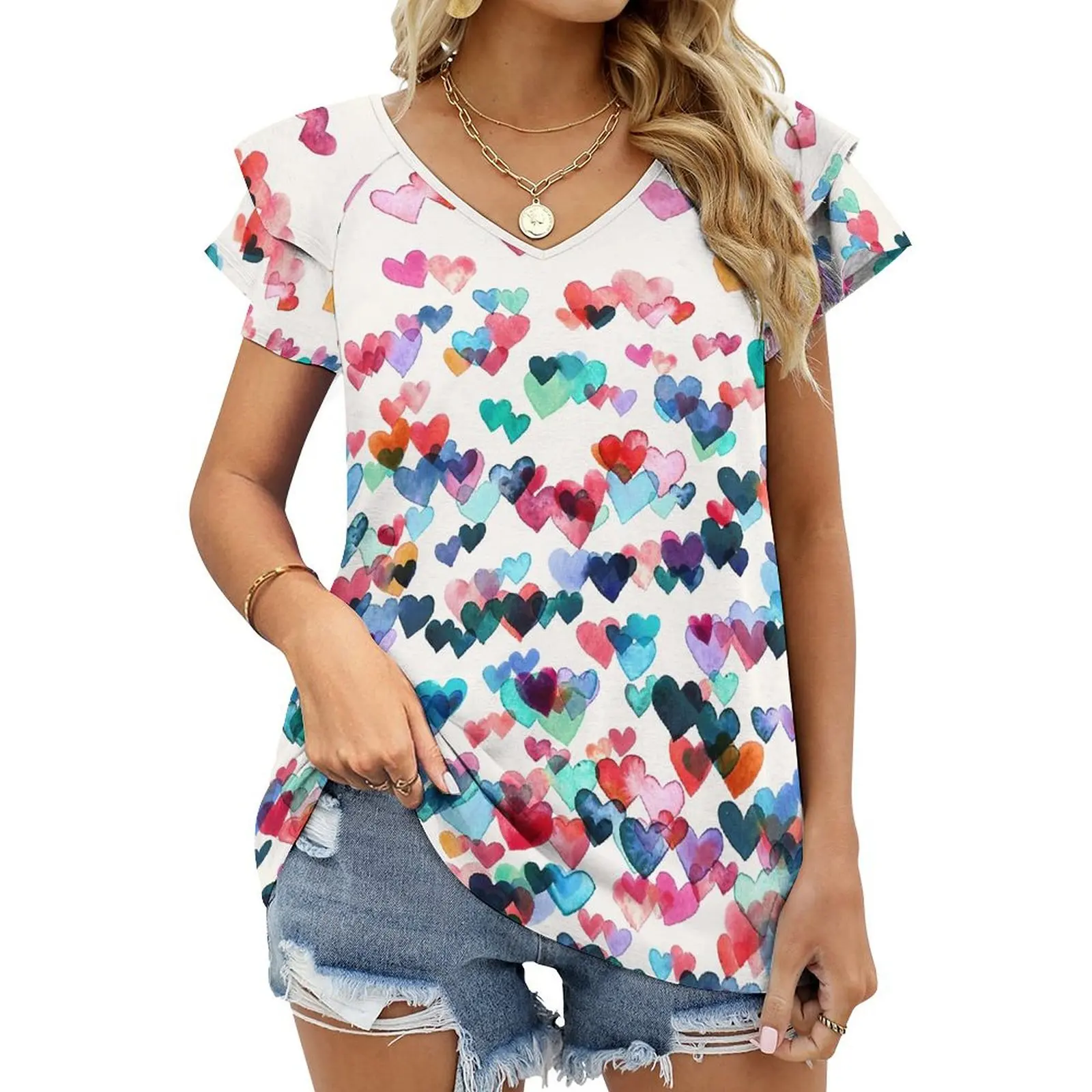 

Girl V-neck T-shirt Sexy Funny Heart Connections - Watercolor Painting Printed T-shirt