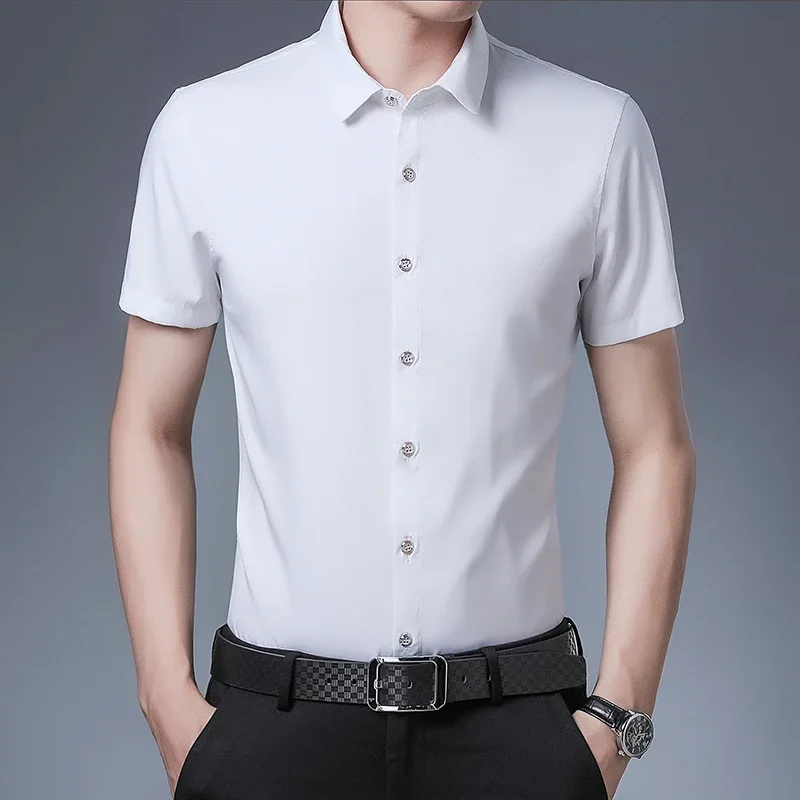 Men's Business Casual Solid Color Short Sleeved Shirt Non Ironing Comfortable Top 6