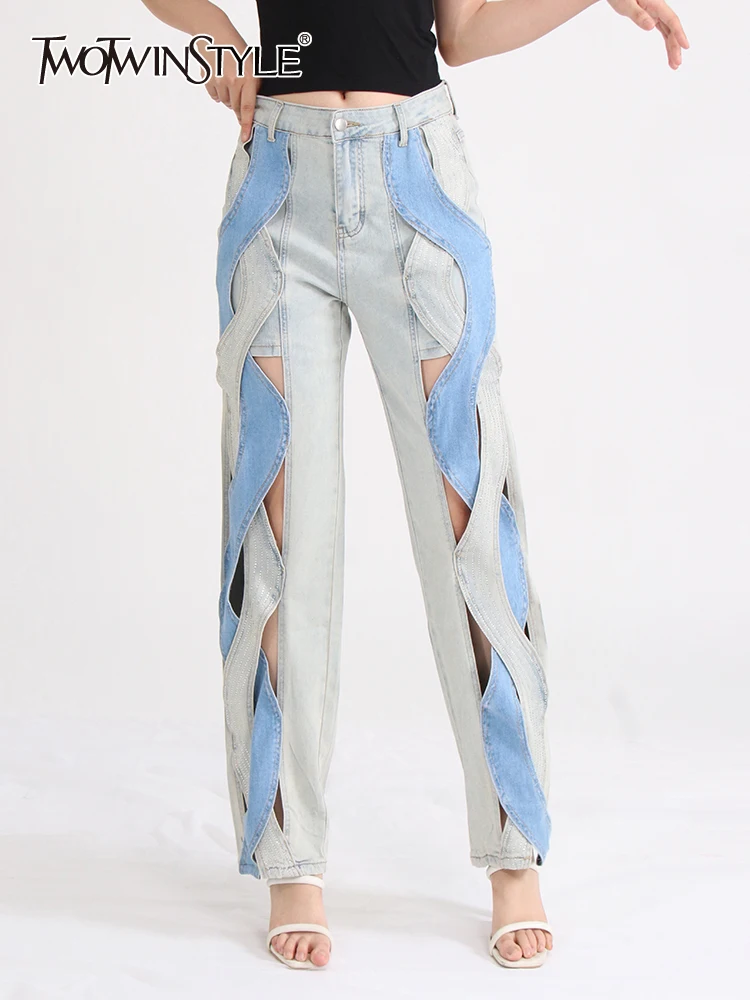 

TWOTWINSTYLE Hit Color Denim Spliced Pockets Trousers For Women High Waist Hollow Out Patchwork Button Wide Leg Pants Female New