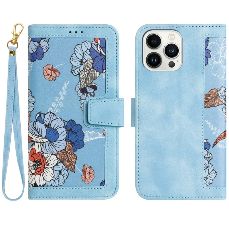 Embossed Flower Leather Wallet Phone Case with Wrist Strap and Card Holder
