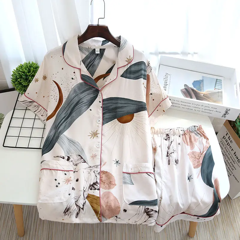 Print Cotton Pajamas Women Short Sleeve Top Shorts Summer Homewear Oversized Pajama Sets Cardigans Korean Chic Nightwear New