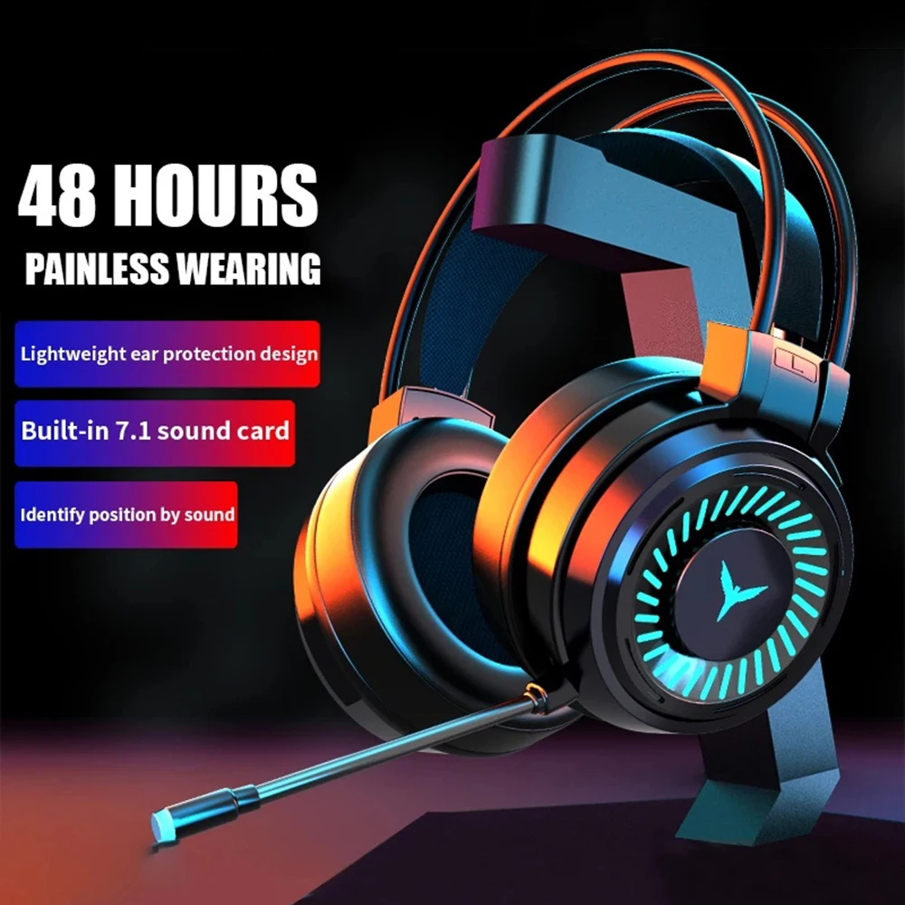 3.5mm Wired Headphones 7.1 Surround Stereo USB Gaming Headset Bass Earphone Helmet Mic LED Light For Laptop Computer Gamer
