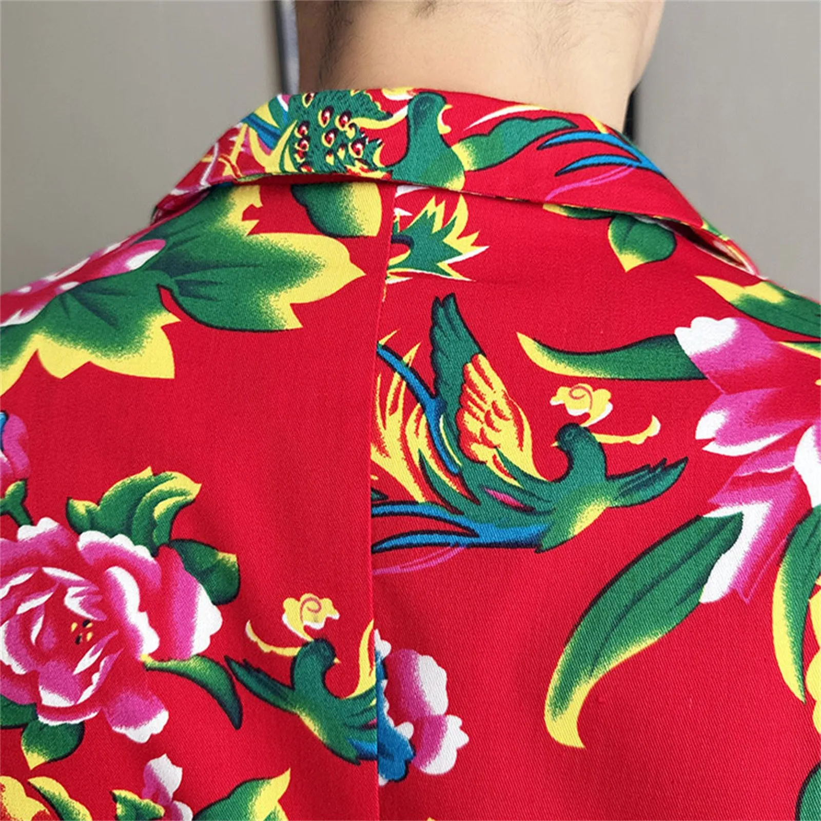 Mens Long Sleeve Button Floral Printed Suit Coat, Men's V-Neck Single Button Red Nostalgic Style Long Sleeve Coat