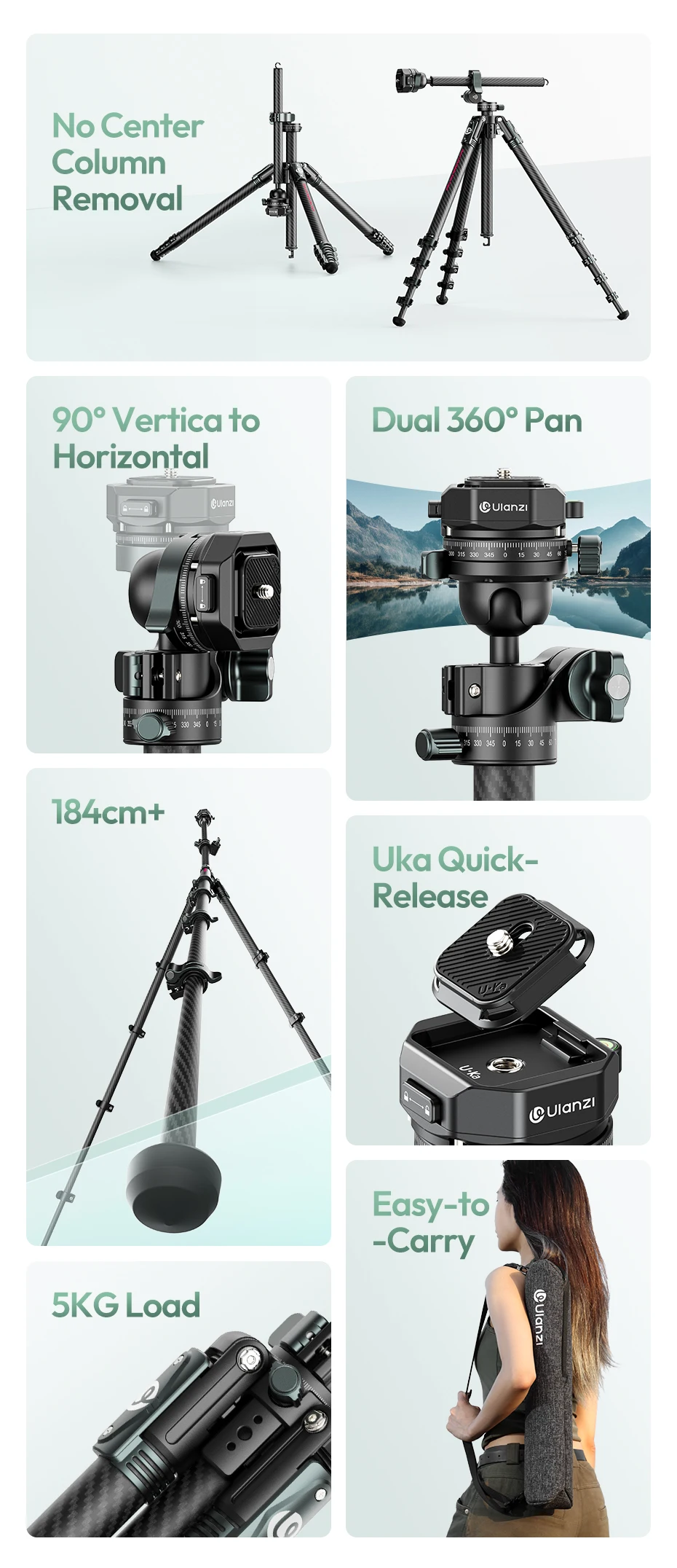 GlideGo Travel Tripod Carbon Fiber Tripod with Dual-Section Center Column for Lo