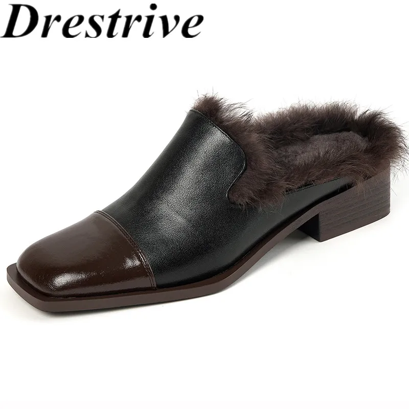

Drestrive Women Winter Shoes Square Toe Fur Thick Mid Heels Cow Leather Pumps Fashion Elegant Mules Patchwork Sheep Suede Wool