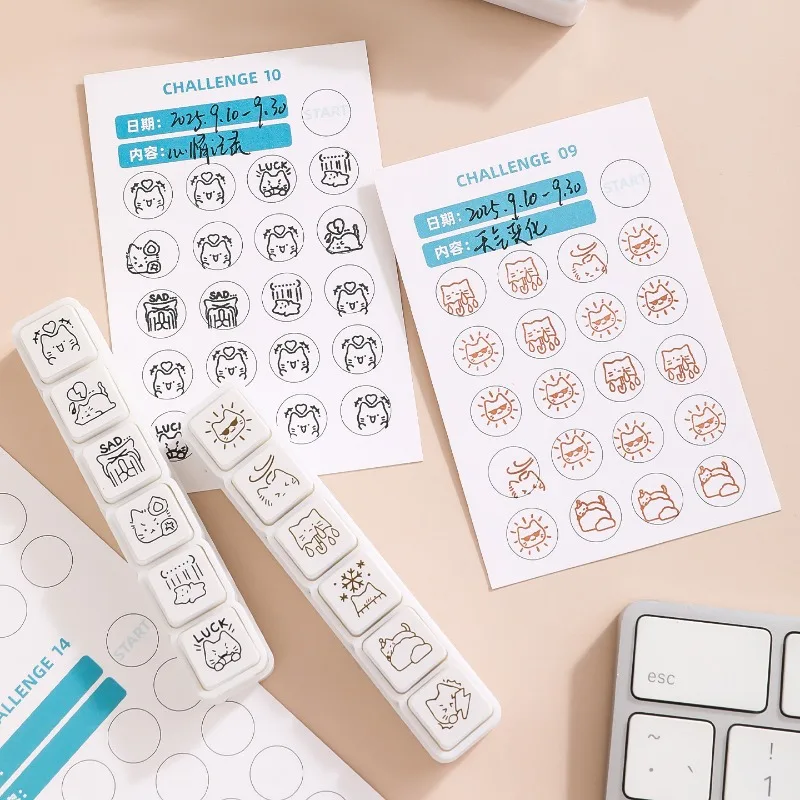 Cute Cat Emoji Stamp Daily Life Work Good Mood Series Cartoon Mini Pattern Stamps for Journaling Planner Diy Scrapbooking Decor