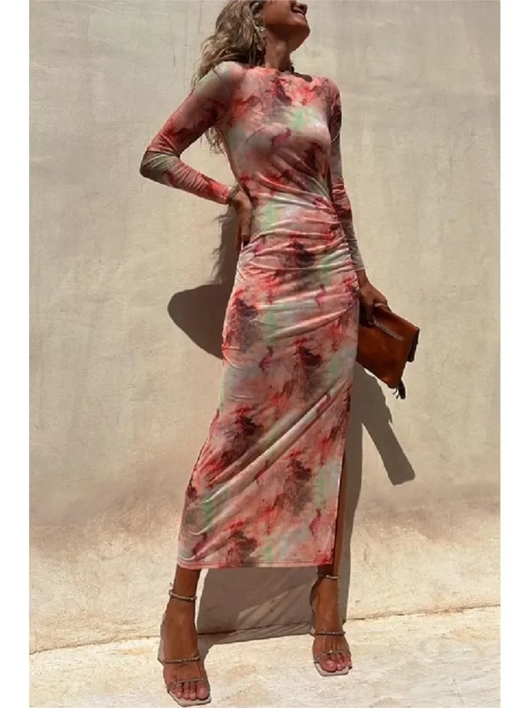 

Tie Dye Printed Mesh See-through Maxi Dresses For Women Sexy Slim Slit Party Evening Dress 2023 Spring New Fashion Club Vestidos