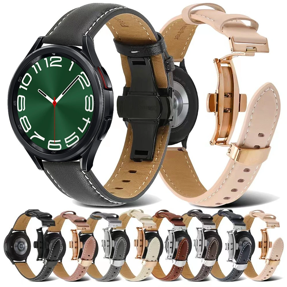 

20mm 22mm Genuine Leather Strap For Samsung Galaxy Watch 6/5/4 40mm 44mm Butterfly Buckle Wristband Belt Watch 5 Pro/6 4 Classic
