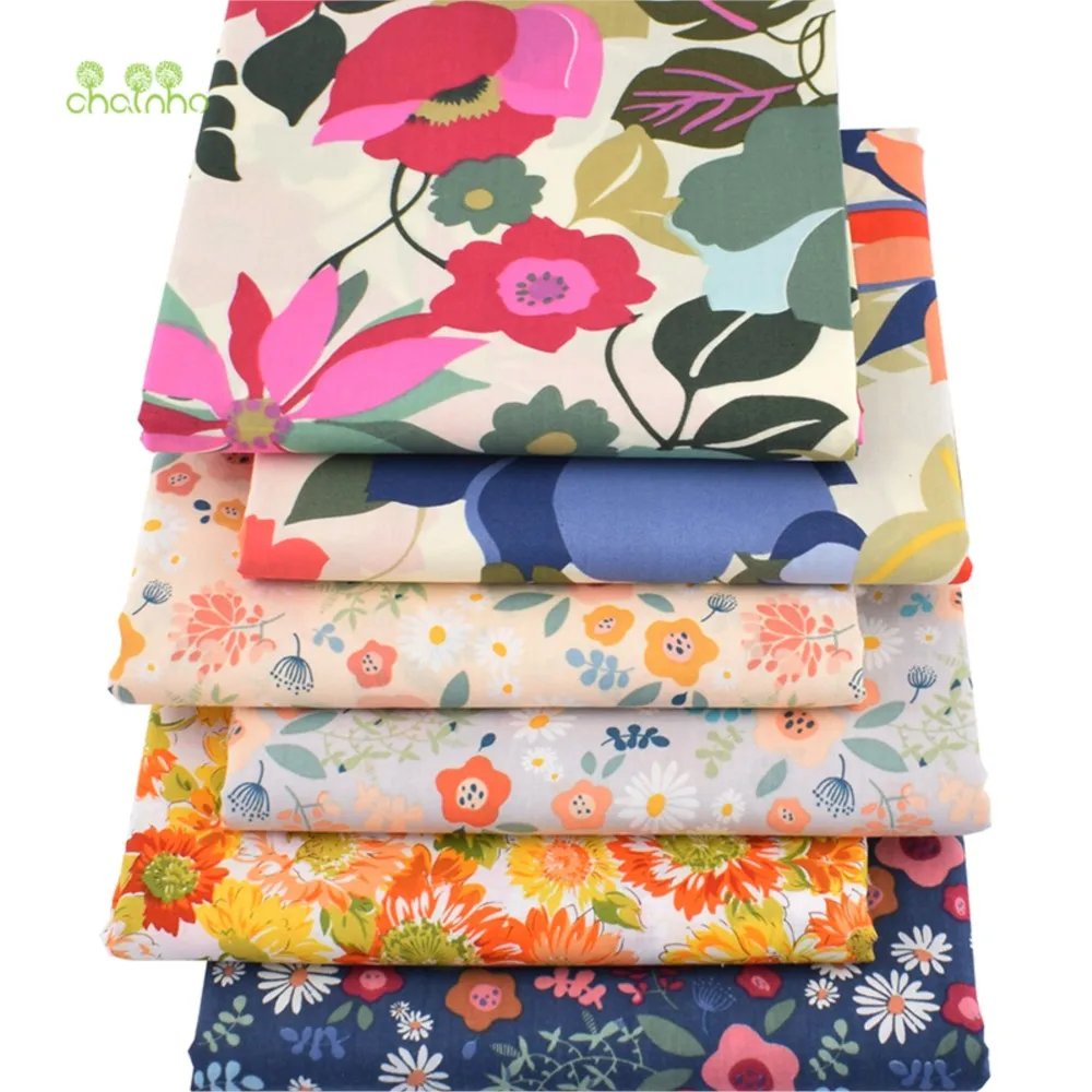 Chainho,Printed Plain Weave Poplin Cotton Fabric,DIY Quilting Sewing Material,Patchwork Cloth,Floral Series,3 Sizes,15PC90