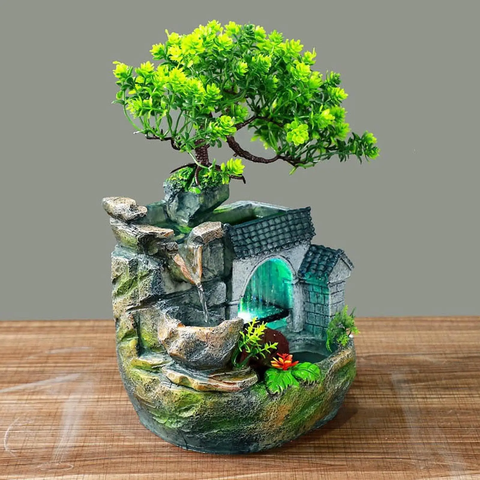Table Water Fountain with Colorful Light EU 220V Feng Shui Ornament with Pump Mini Waterfall for Living Room Handmade Versatile