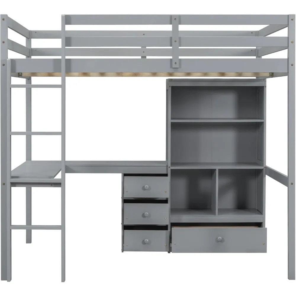 Twin Loft Bed. Full Loft Bed with Desk and Storage, Solid Wood Loft Bed with 4 Storage Drawers & 3 Shelves, High  Bed Full 5