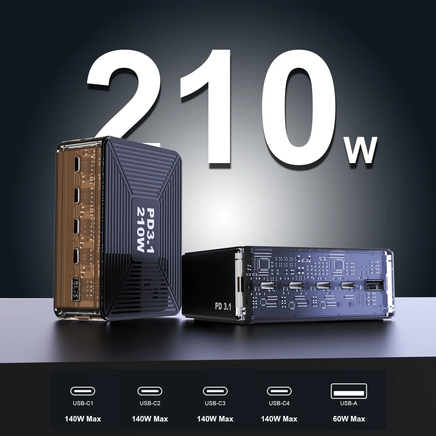 Ubigbuy 210W USB C 충전기, GaN PD3.1 140W 100W PPS 고속 충전 스테이션, C타입 노트북 전원 어댑터, 맥북 삼성 아이폰용