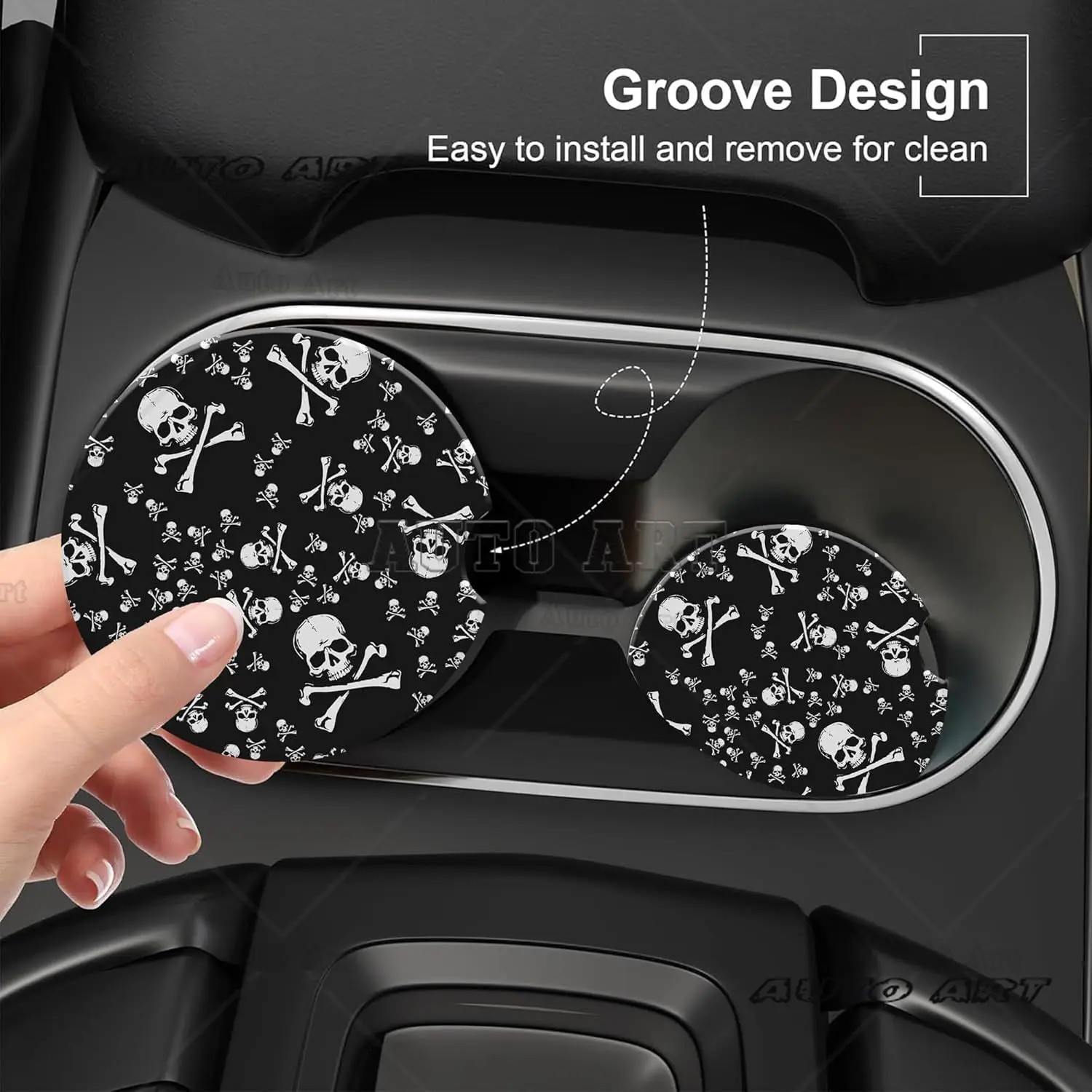 Skull Heads Car Cup Holder Coaster 2 Pack Pirate Skull Crossbones Anti-Slip Absorbent Ceramic Car Cup Coasters