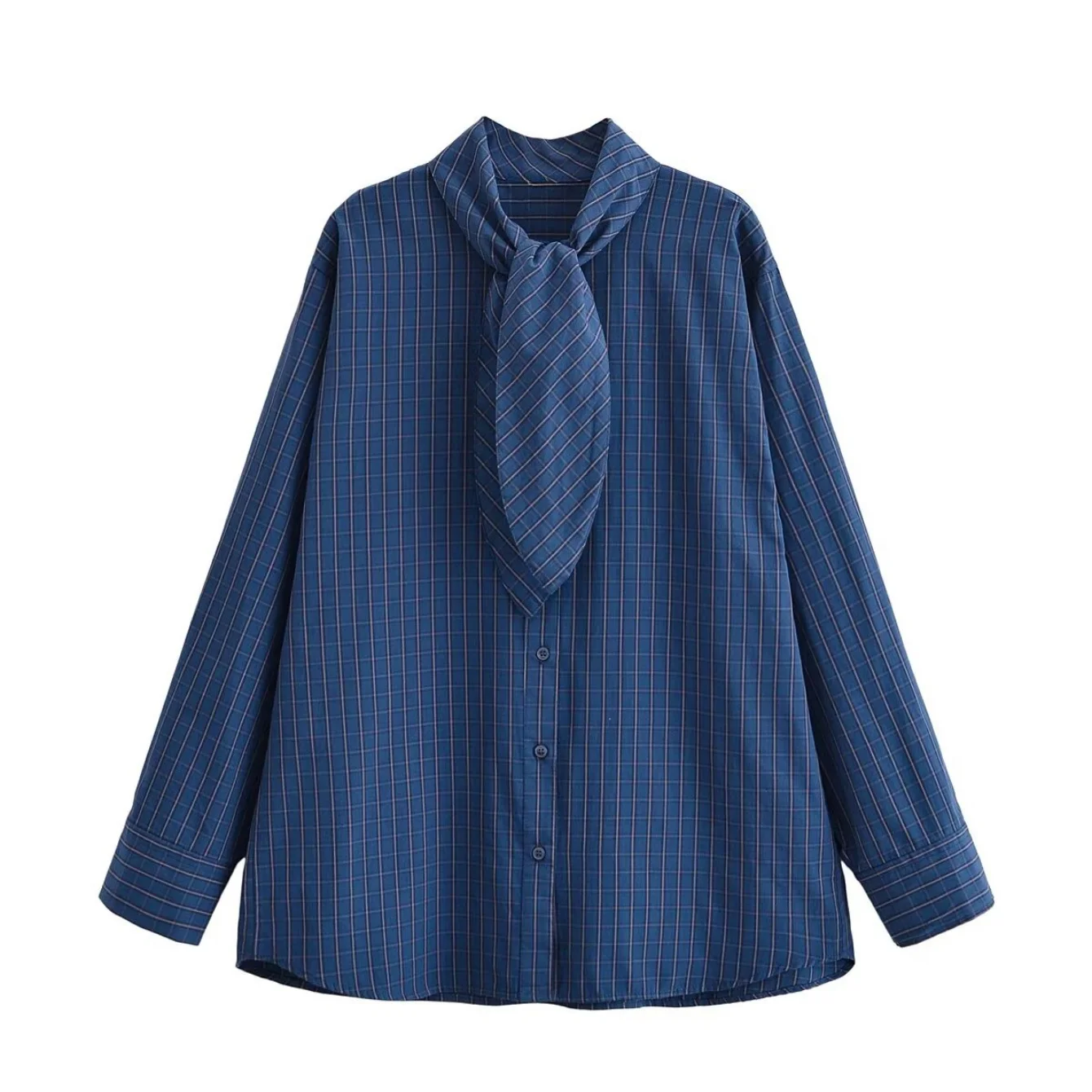 Women Spring Autumn Scarf Collar Shirt Female Long Sleeve Single Breasted Plaid Shirts Lady Fashion Vintage Casual Chic Blouses