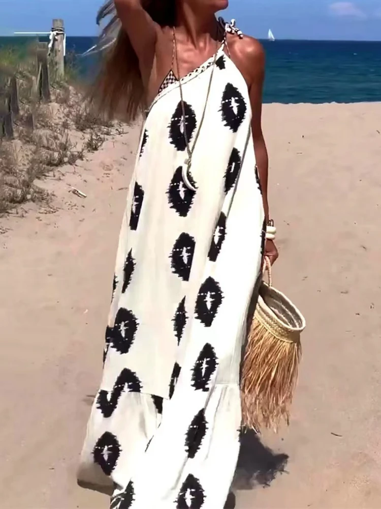 

Fashionable Digital Print Summer Women's Diagonal Shoulder Tie Up Sexy Beach Party Cover Up Sun Proof Bohemian Print Dress