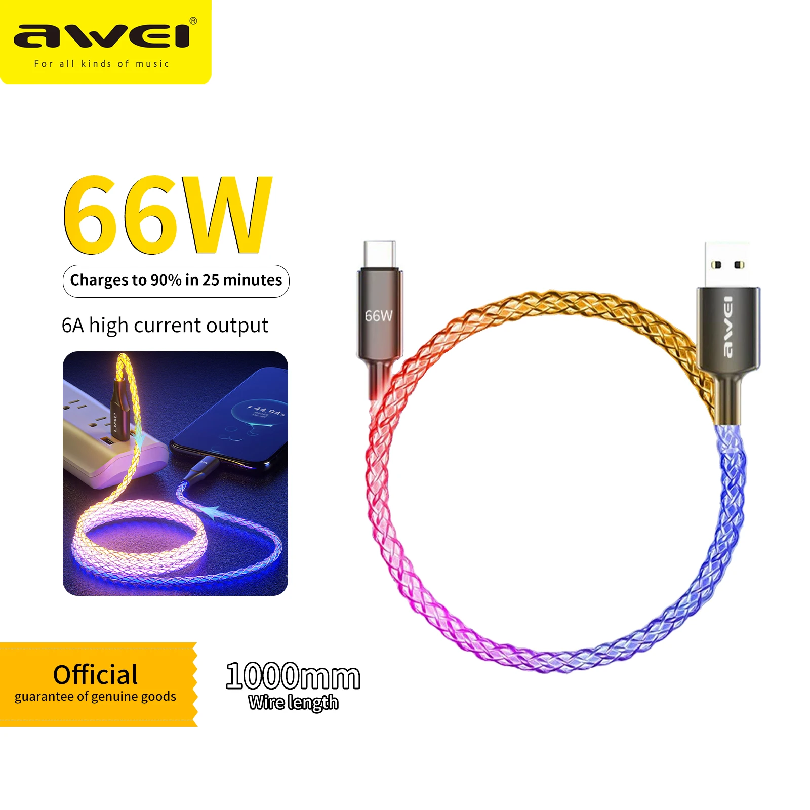 

Awei Cl-127T 66W Universal USB Type C RGB Fast Charge Data Cable 6A Charging Cable for Xiaomi/Samsung/Huawei Phone Accessories