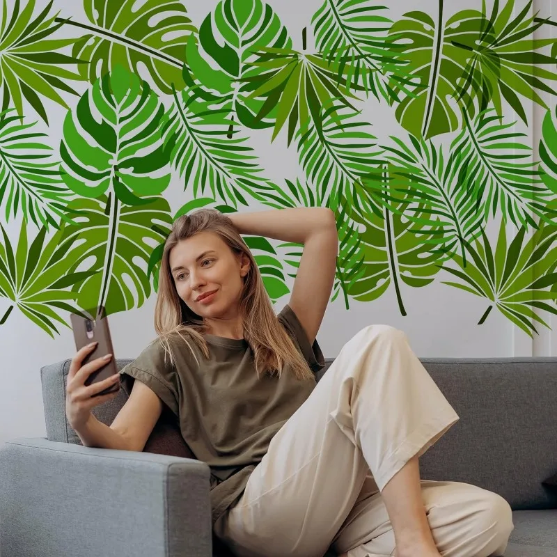 16 pezzi di stencil di foglie riutilizzabili, modello di modello di foglia tropicale da parete