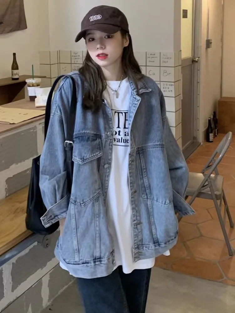 

Vintage Women Jacket 2023 Autumn Winter Oversize Denim Jackets Washed Blue Jeans Coat Turn-down Collar Outwear Bomber Jacket