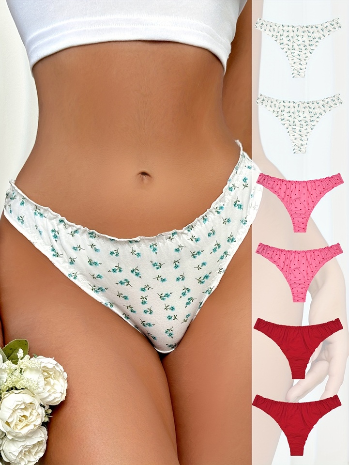 6-piece mixed-color floral printed women's thong with lotus leaf lace pure cotton women's heart-shaped simple underwear