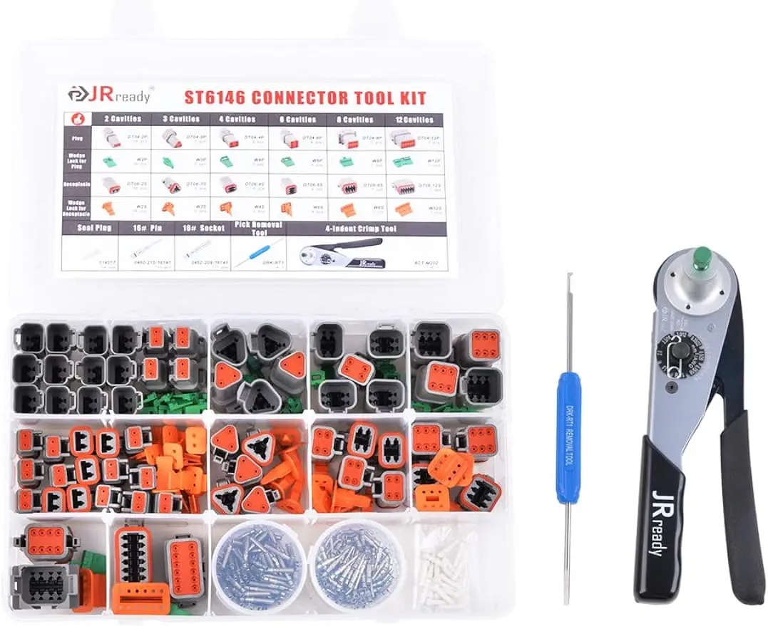 

JRready ST6146 Deutsch Connector Kit with Crimper, DT 2 Pin Connector, 3 4 6 8 12 Pin Connectors, Deutsch Pins Size 16Contacts