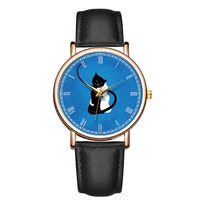 Fashion Quartz Watch For Girl Casual Blue Background White And Black Cat Wristwatch Cartoon Waterproof Real Leather Watch 1