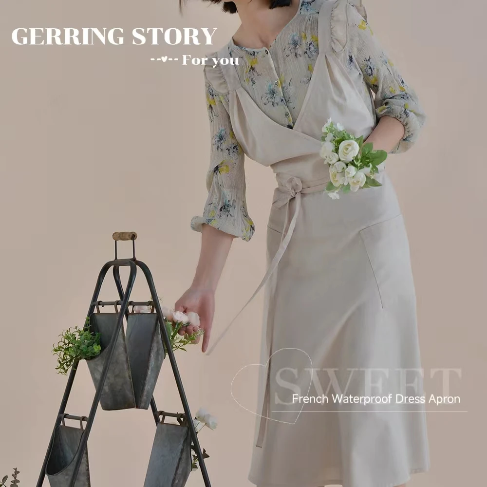 Gerring French Waterproof Dress Apron Household Cook Kitchen Apron Woman Fashion Elegant Cotton Nail Apron With Pockets