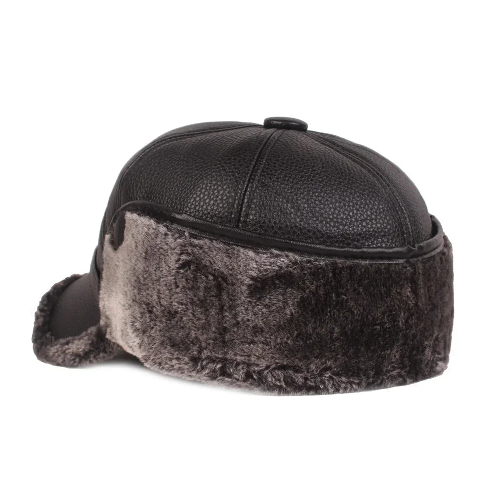 Winter Mens Leather Cap winter hat fur hat earflap hat Warm Baseball Cap with Ear Flaps Thick Fur Caps for Winter Bomber Hats