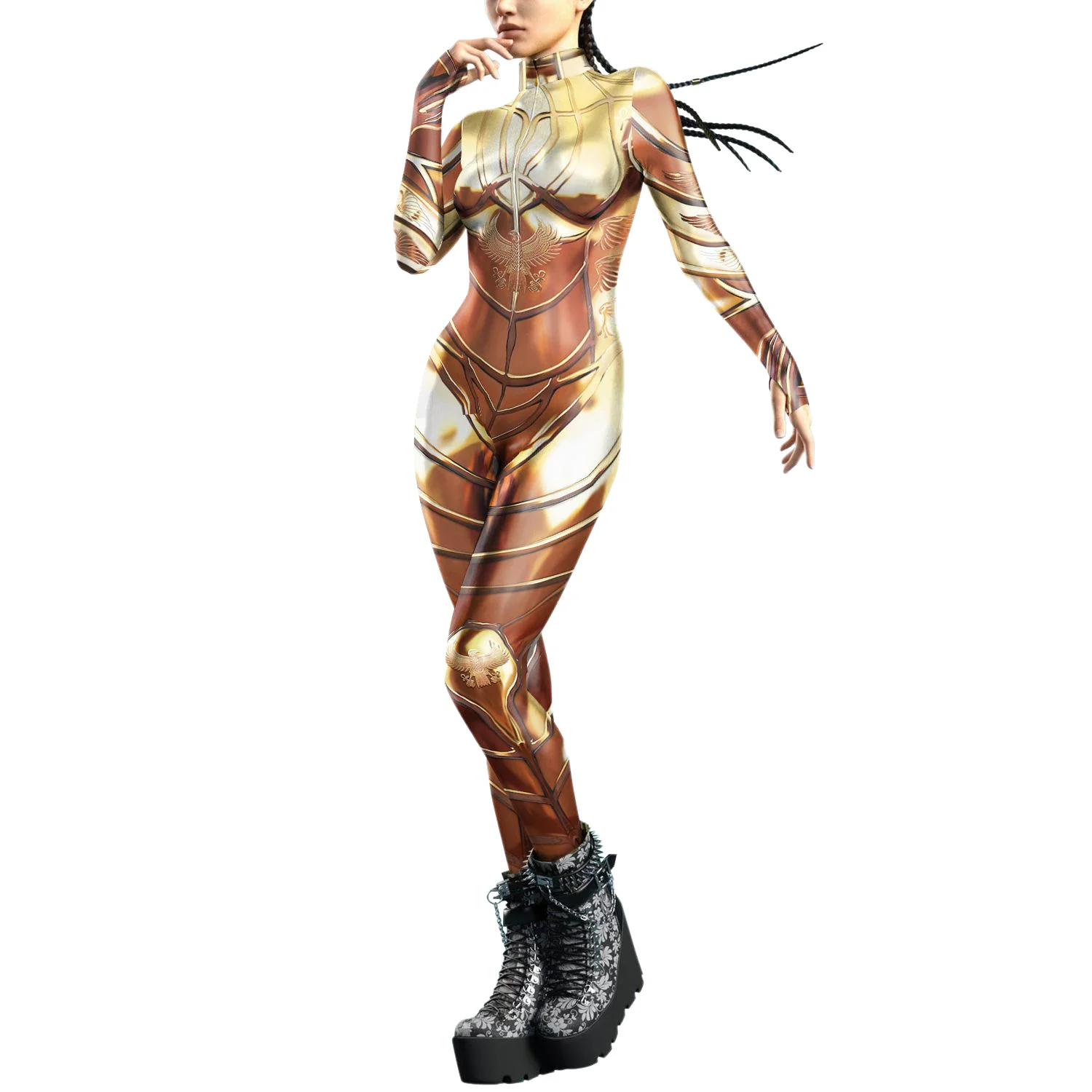 

Zawaland New Woman Jumpsuit Punk Cosplay Costume Gold Egyptian Pharaoh Sexy Front Zipper Zentai Bodysuits Halloween Party Outfit