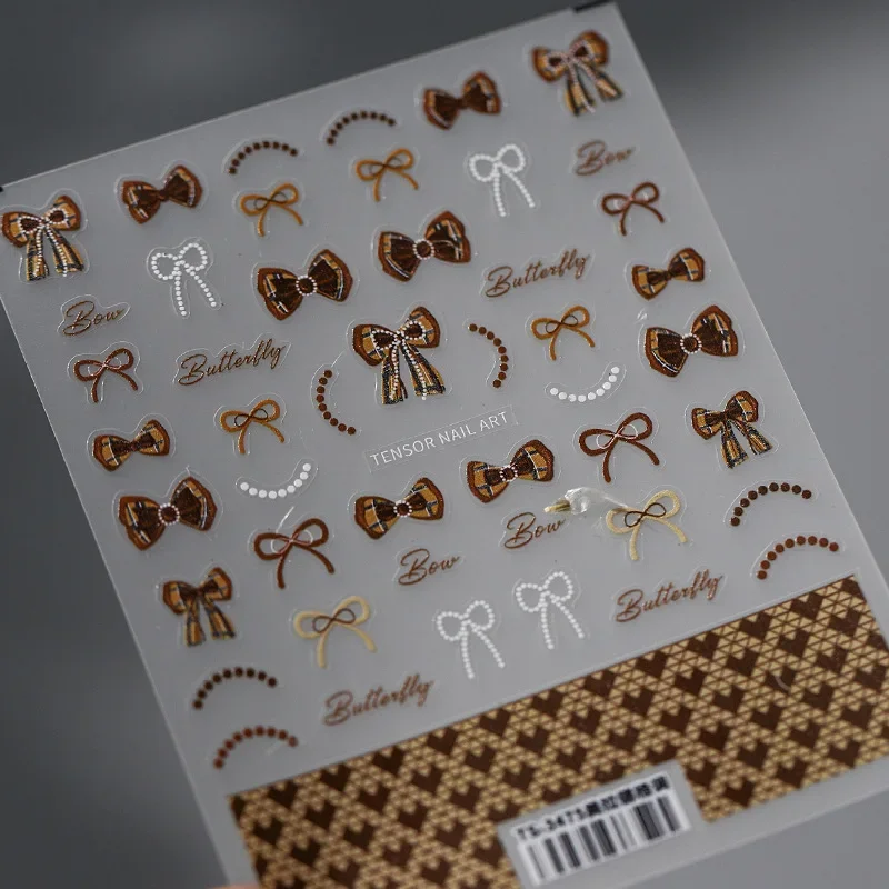 Vintage Bowknot Brown Love Heart Checkered Pattern 5D Embossed Reliefs Self Adhesive Nail Art Sticker Manicure Decals 6